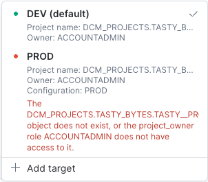 Target selector showing a green target and a red target with its error message