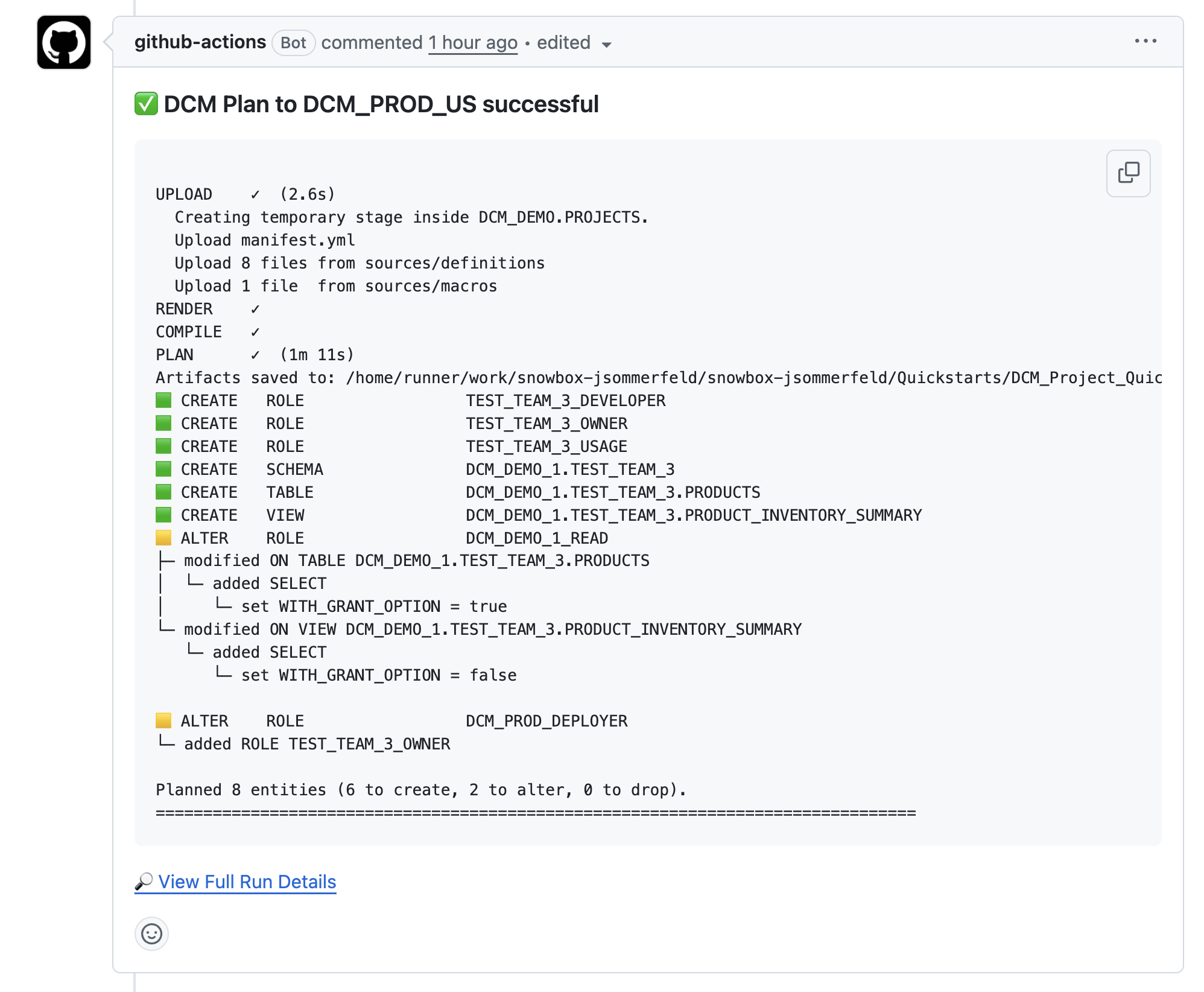 GitHub Actions bot comment on a pull request summarizing a DCM PLAN, including created and altered objects