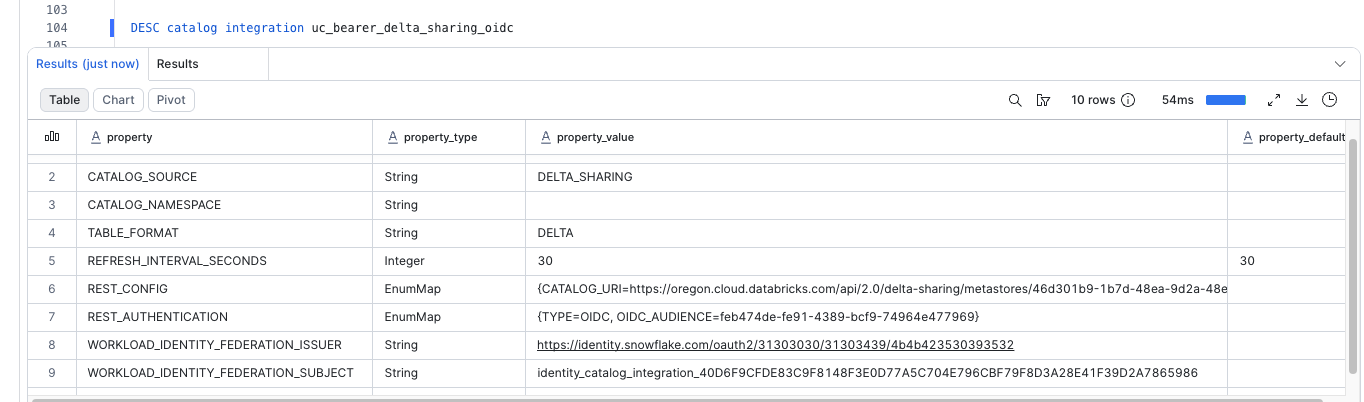 Snowsight output of DESC CATALOG INTEGRATION showing the WORKLOAD_IDENTITY_FEDERATION_ISSUER and WORKLOAD_IDENTITY_FEDERATION_SUBJECT values.