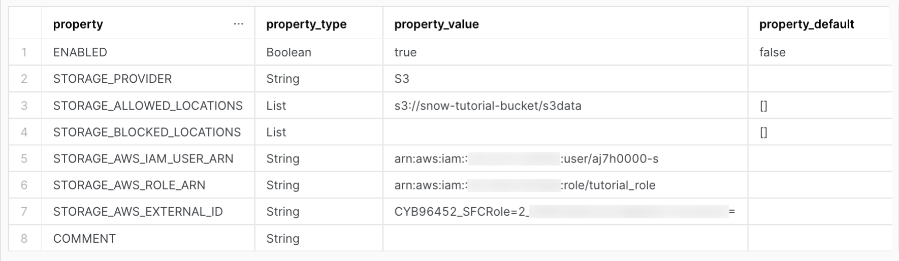 Output of DESCRIBE INTEGRATION command, with the following columns: property, property_type, property_value, property_default.