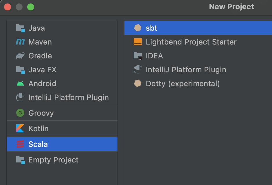 Window for selecting the type of project to create