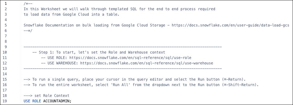 SQL load from cloud template worksheet, which contains the SQL commands for this tutorial, along with descriptive comments.