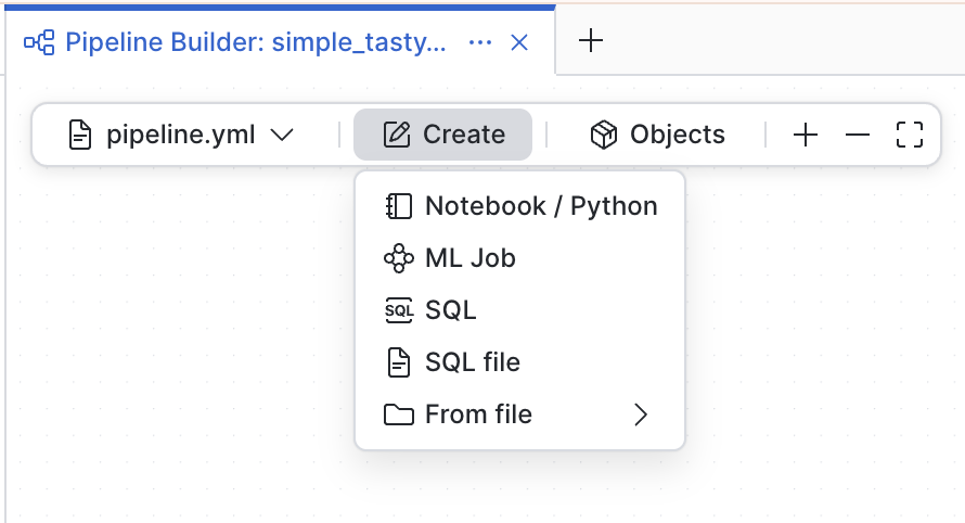 The Create menu on the canvas toolbar, showing the Notebook / Python, ML Job, SQL, SQL file, and From file options