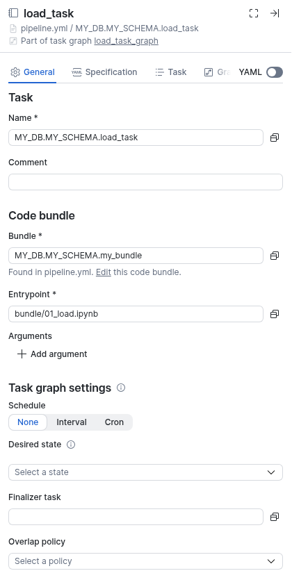 A Notebook task's settings drawer, showing the General tab with Task, Code bundle, and Task graph settings sections