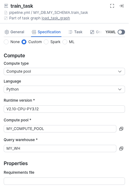 The Specification tab in a Python task's settings drawer, showing Custom specification options for compute type, language, runtime version, compute pool, and query warehouse