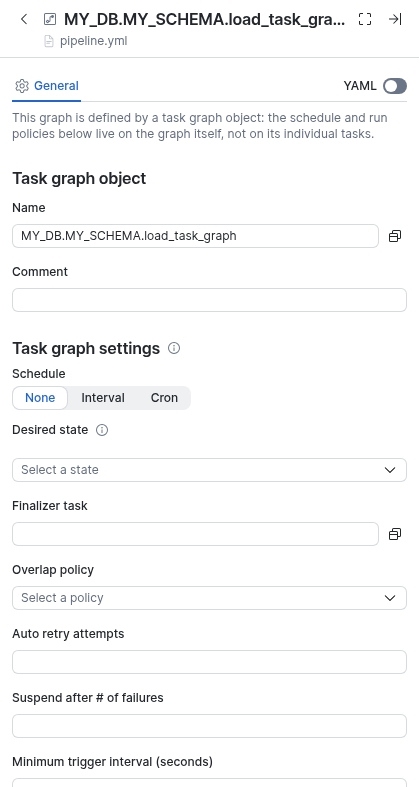 The task graph settings drawer, showing the Task graph object and Task graph settings sections