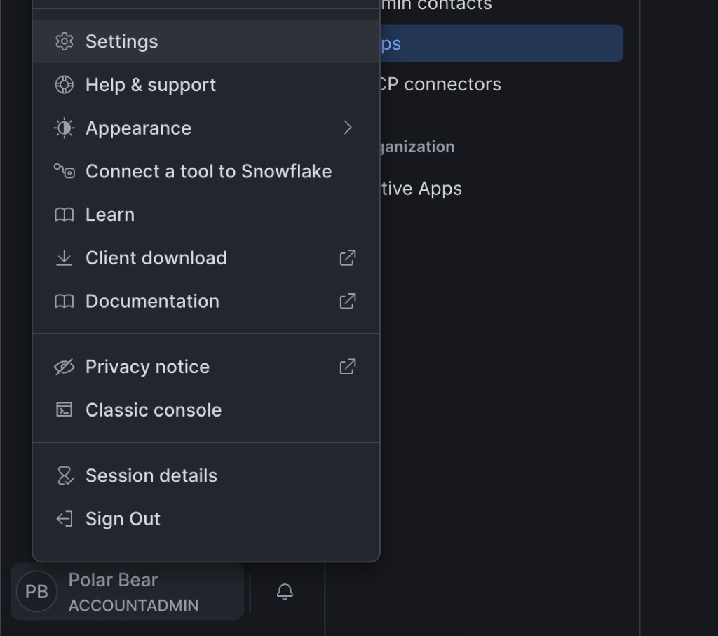 User menu in Snowsight with Settings selected from the profile menu in the lower-left corner