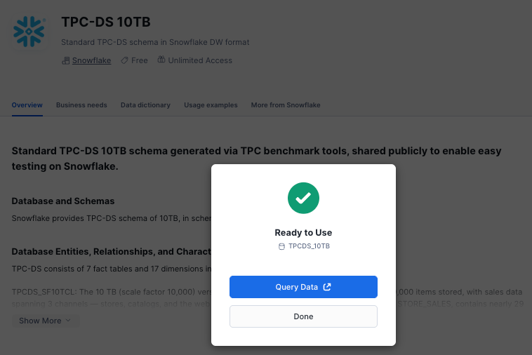 Pop-up window that shows that the TPC-DS data set has been written to a database that you can query.