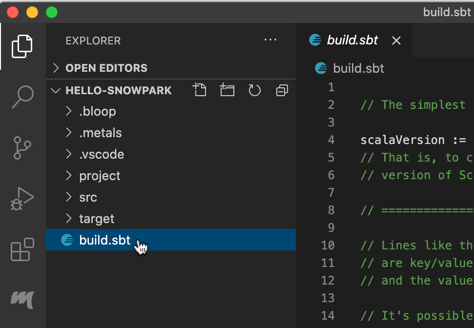 Selecting the build.sbt file for editing