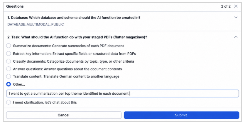 Cortex AI Function Studio Define task Questions form with database and task fields