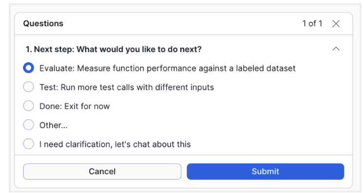 Cortex AI Function Studio Next step Questions form with Evaluate selected