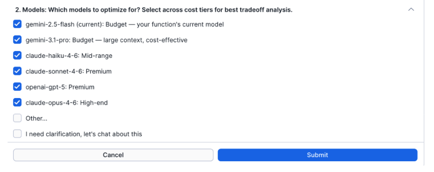Cortex AI Function Studio Models Questions form with six models selected across cost tiers