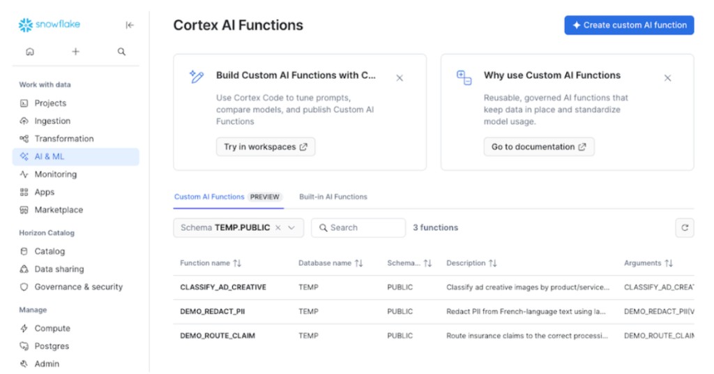 Snowsight AI Functions page showing a list of Custom AI Functions