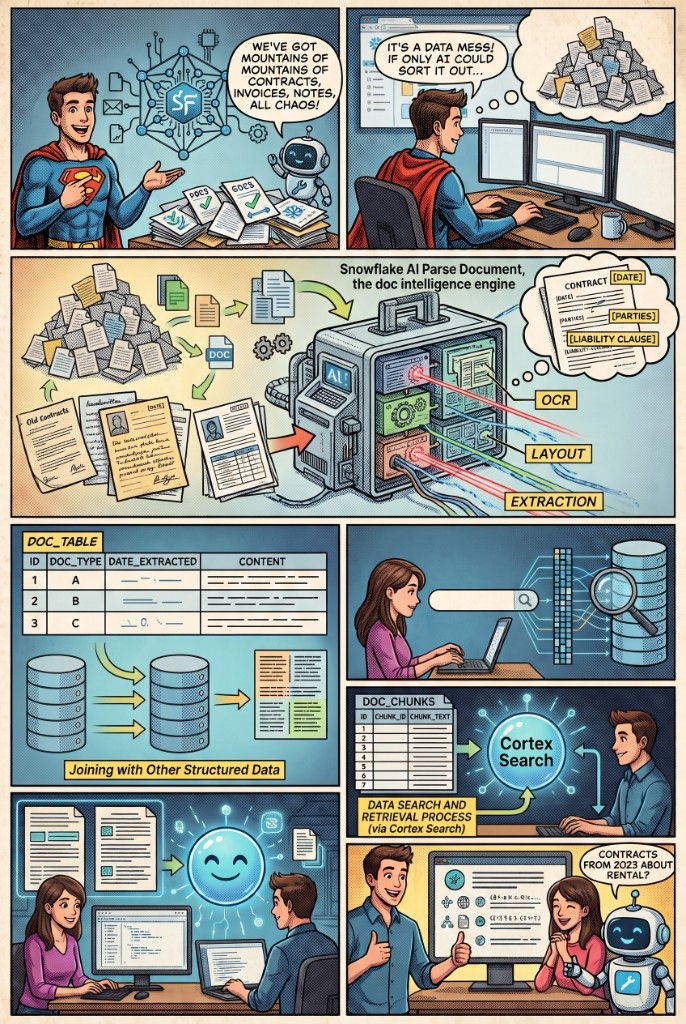 Cartoon illustrating a Snowflake AI Parse Document workflow