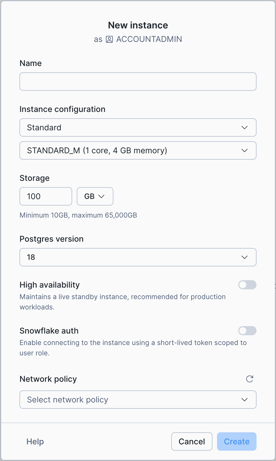 Create a Snowflake Postgres instance