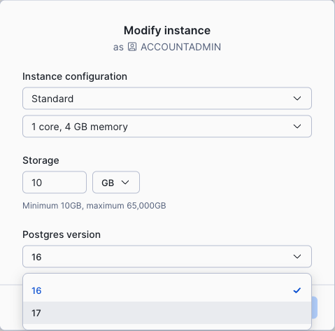 Modify a Snowflake Postgres instance with a major version upgrade