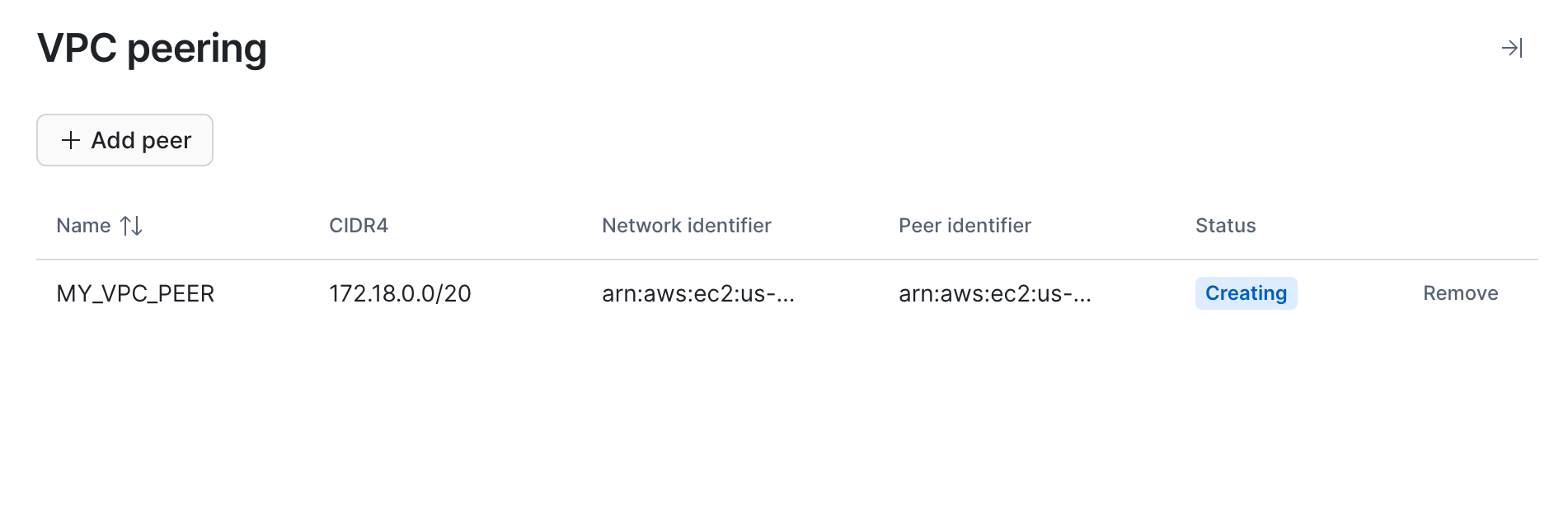 VPC peering pane with a table of peerings, statuses such as Creating, and Add peer button