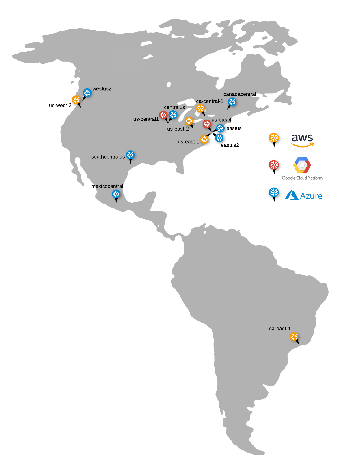 Map of North and South American commercial cloud regions supported by Snowflake