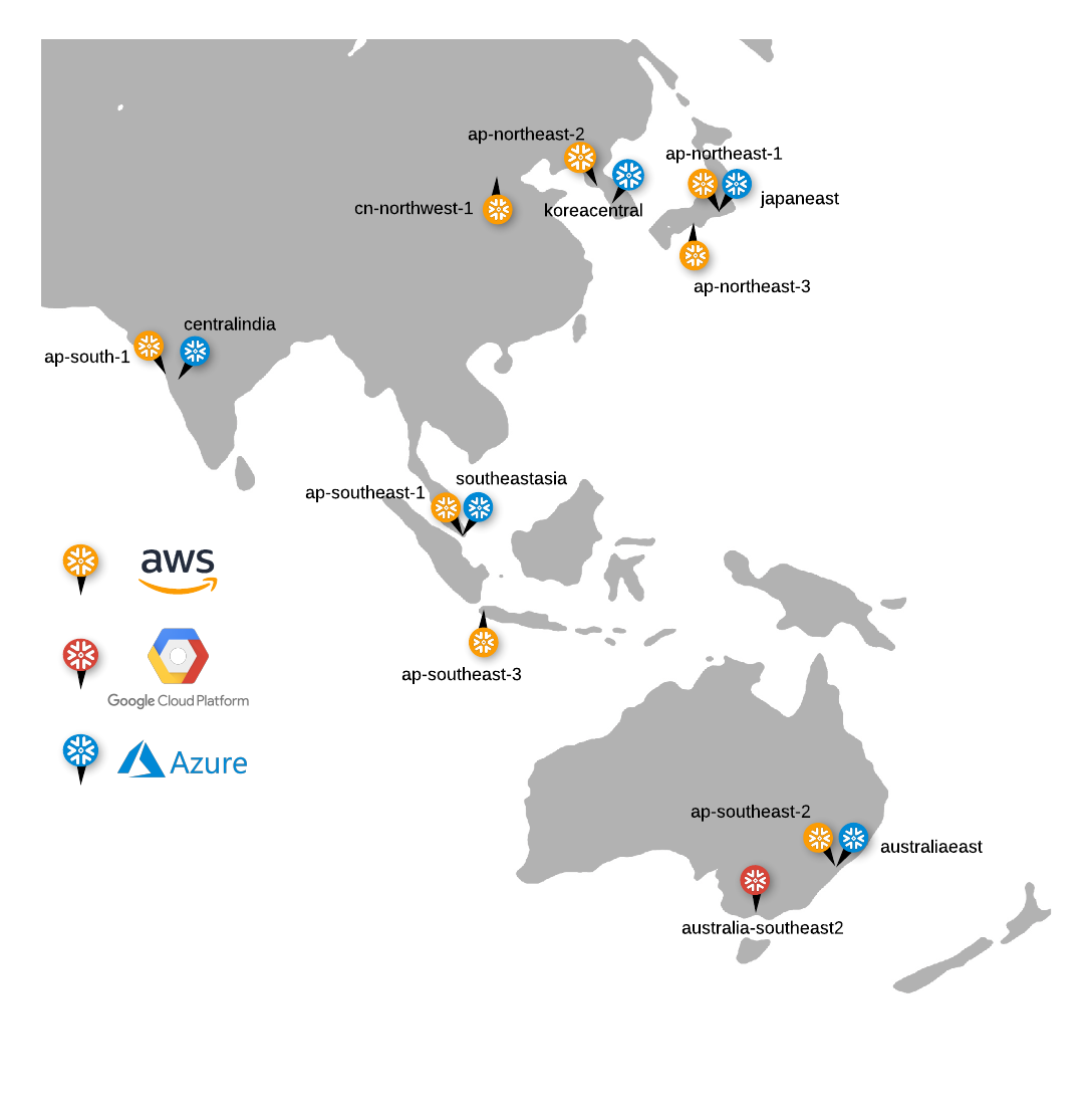 Map of Asia Pacific and China cloud regions supported by Snowflake