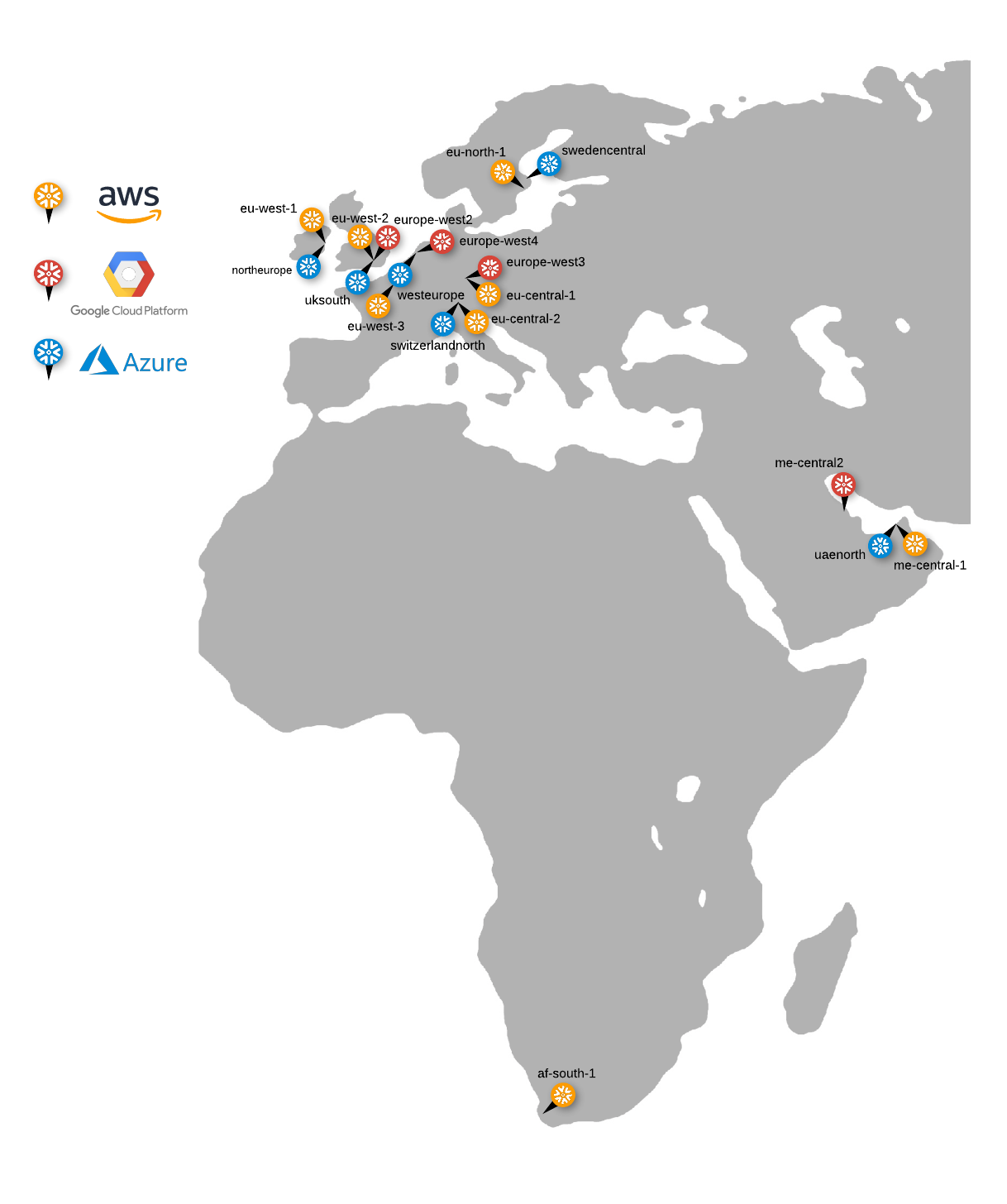 Map of Europe, Middle East, and Africa cloud regions supported by Snowflake