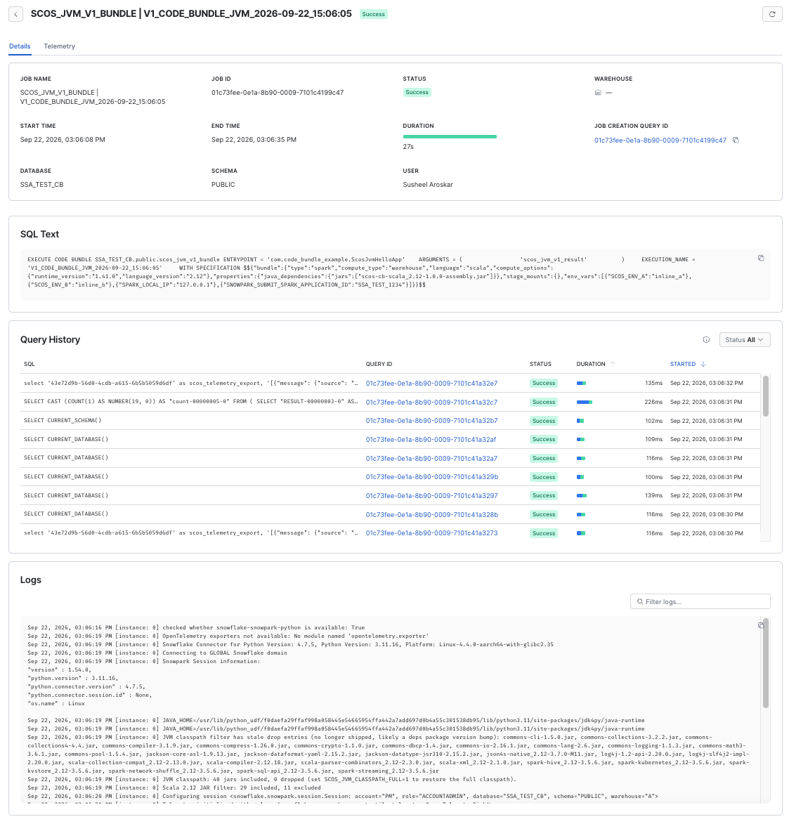 The details page for a batch job shows the status, duration, logs, and queries.