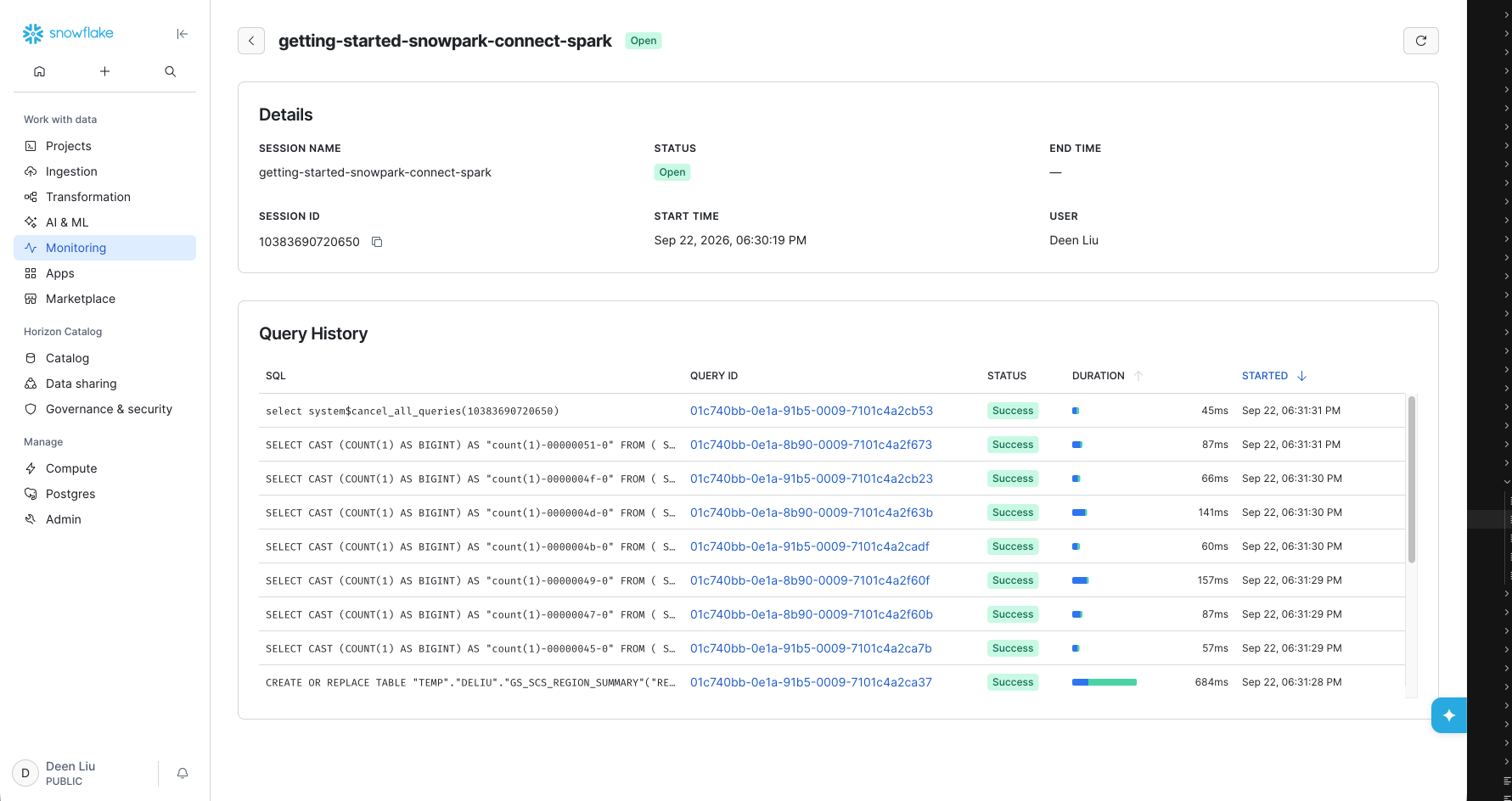 The Spark Session details page lists queries issued from the session.