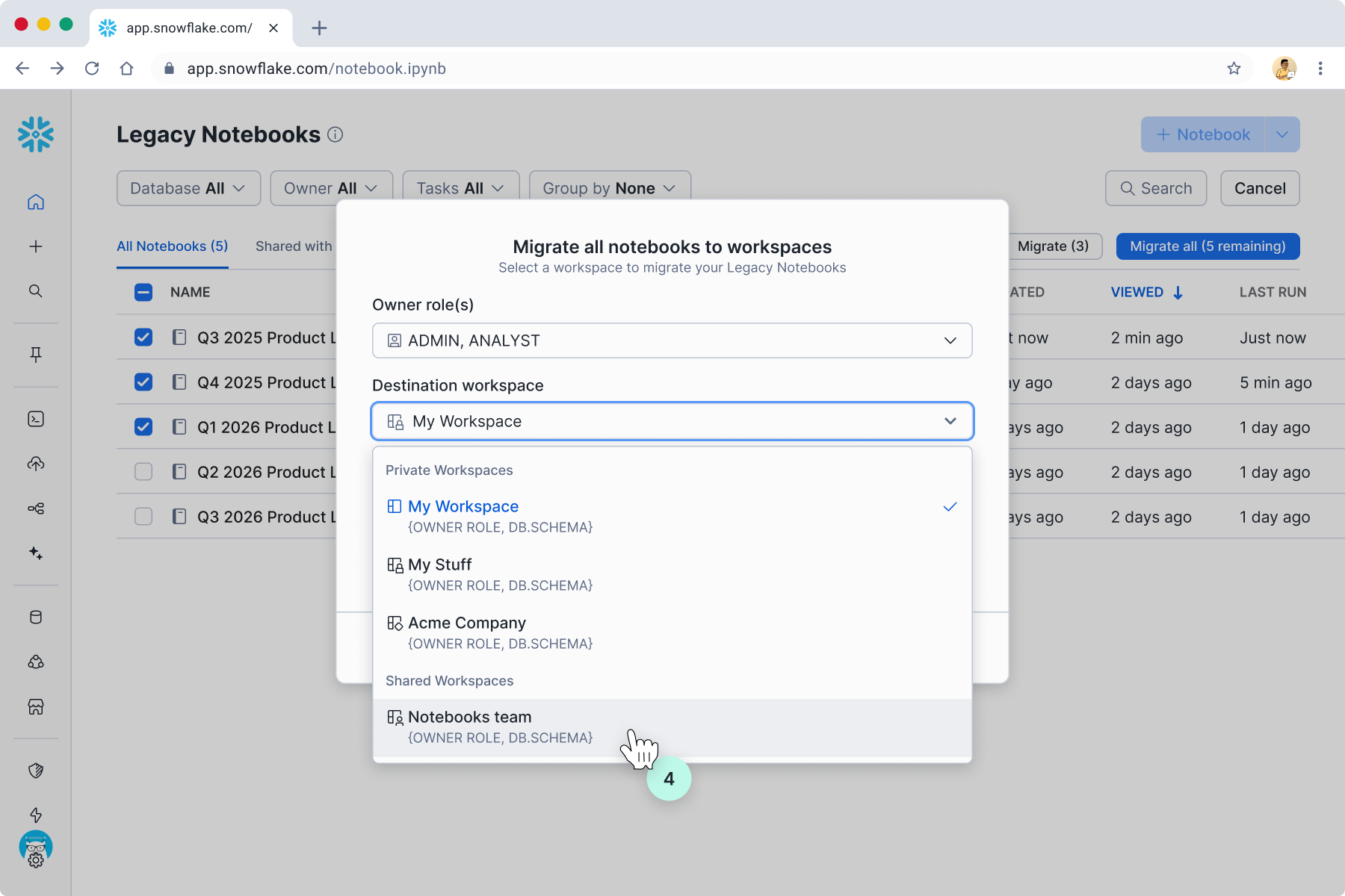 Migrate all notebooks to workspaces dialog with destination workspace dropdown showing private and shared workspaces