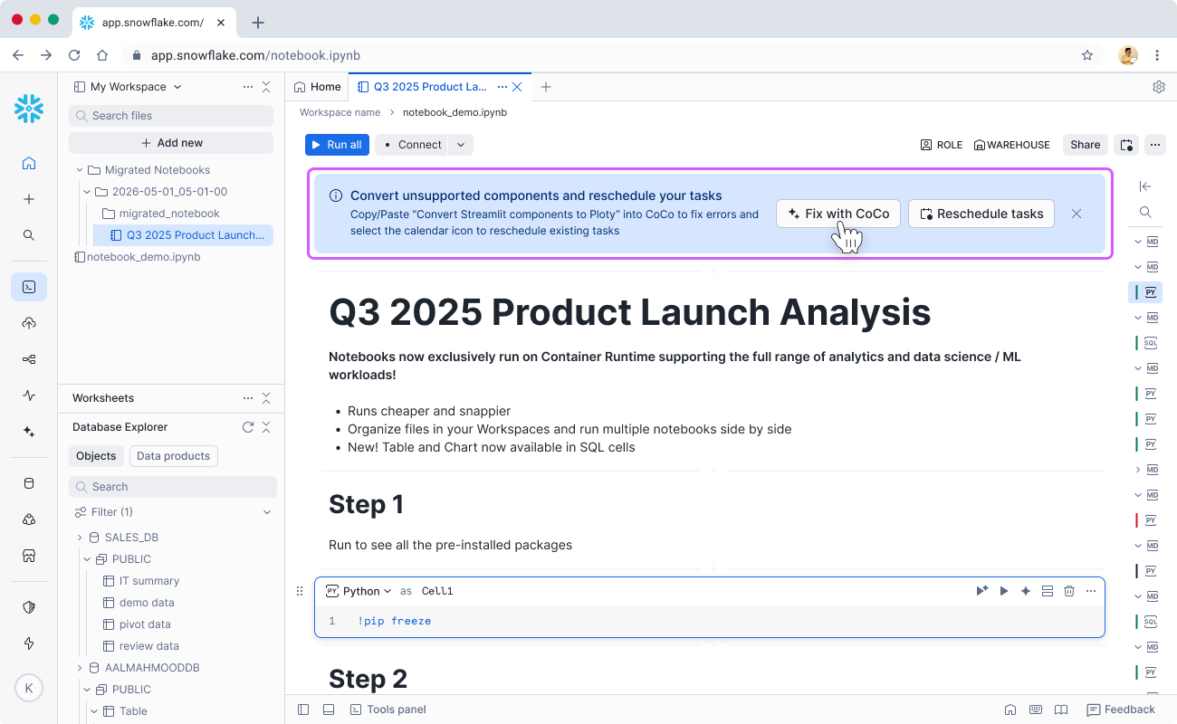 Migrated notebook with blue banner offering Fix with CoCo and Reschedule tasks for post-migration cleanup
