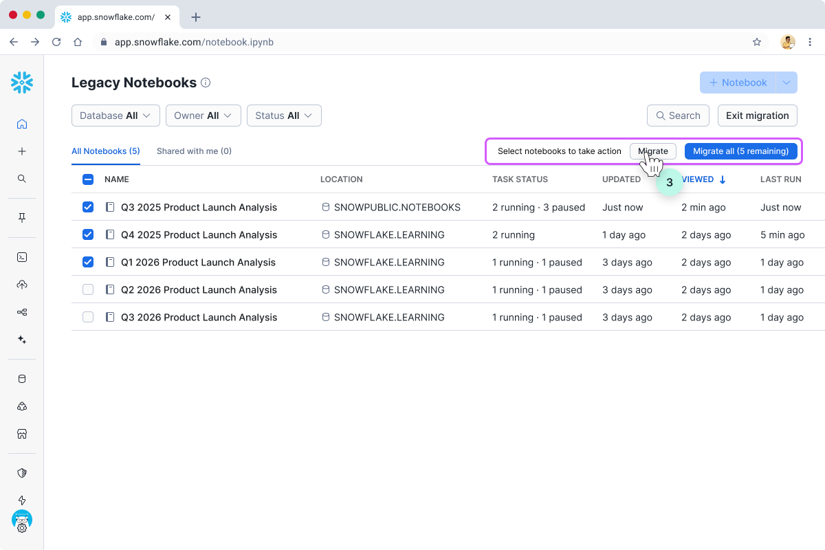 Legacy Notebooks page showing Migrate and Migrate all buttons after selecting notebooks