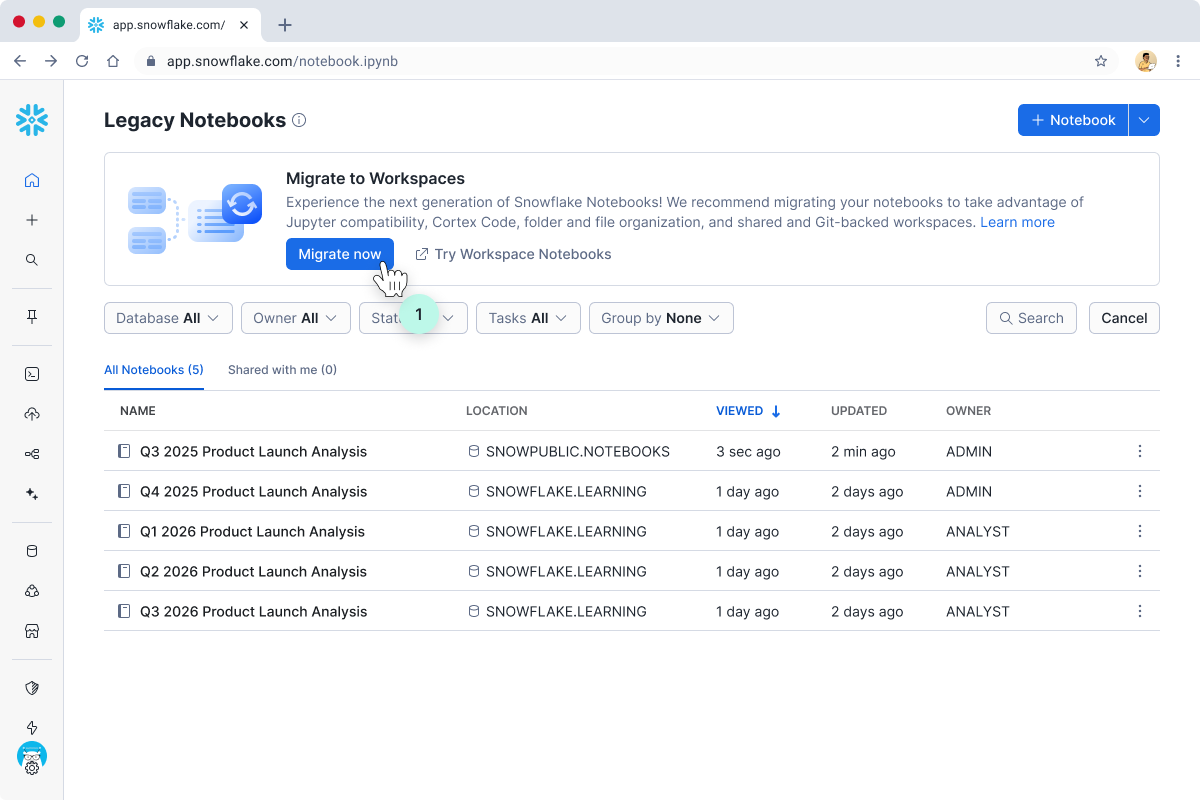 Legacy Notebooks page with Migrate to Workspaces banner and Migrate now button
