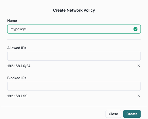 Network policies example in Open Catalog Screenshot of an example network policy in Open Catalog that uses CIDR notation.