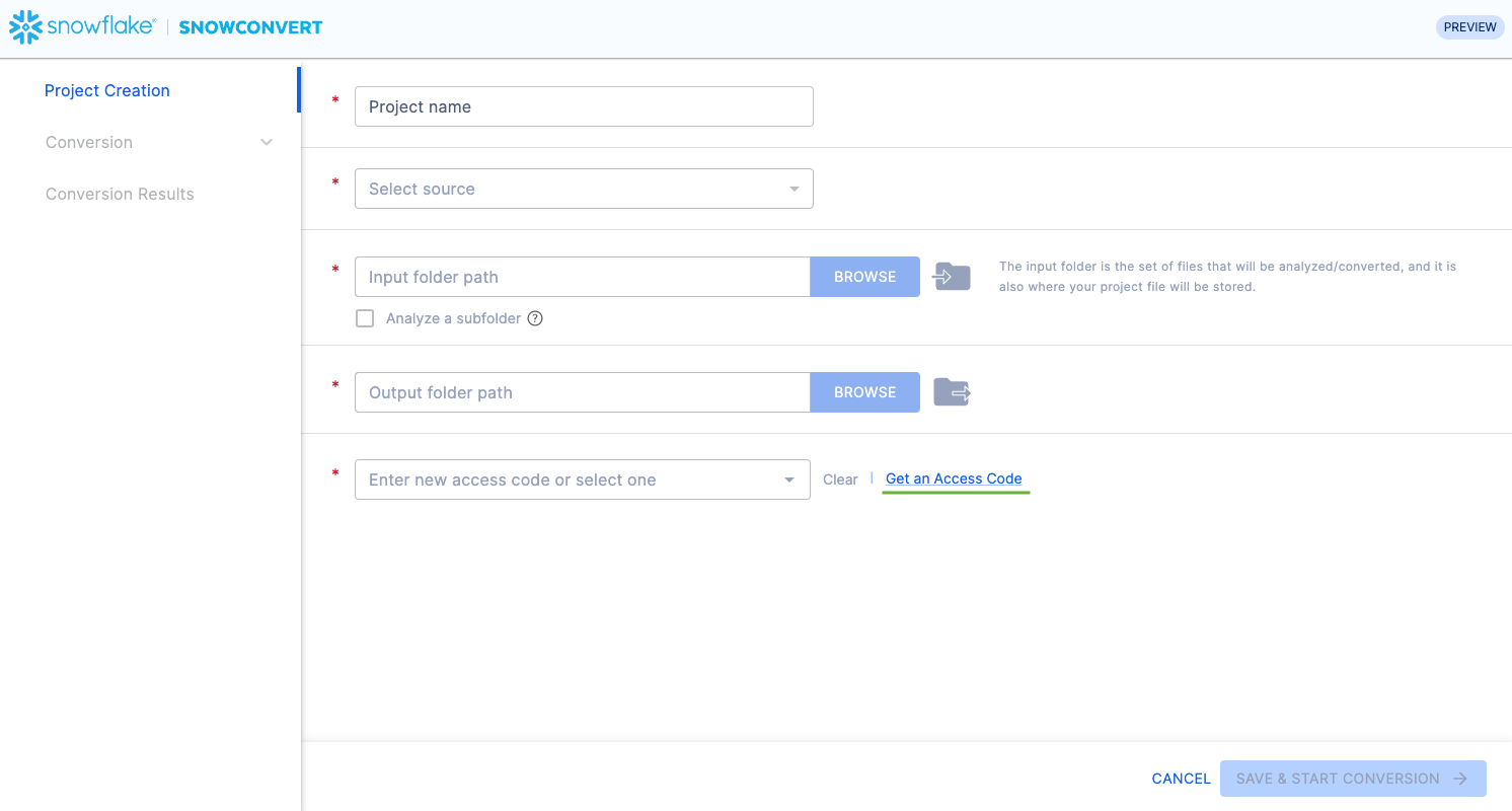 Link to get an access code in SnowConvert