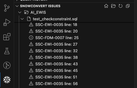 SnowConvert AI Migration Issues panel