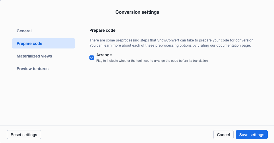 Prepare Code Settings page
