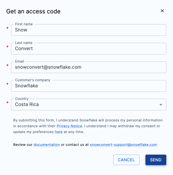Form to get an access code in SnowConvert
