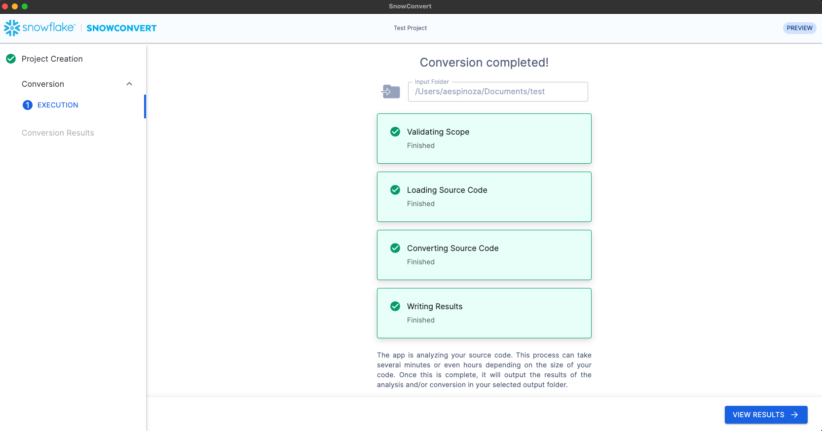 Progress screen of SnowConvert