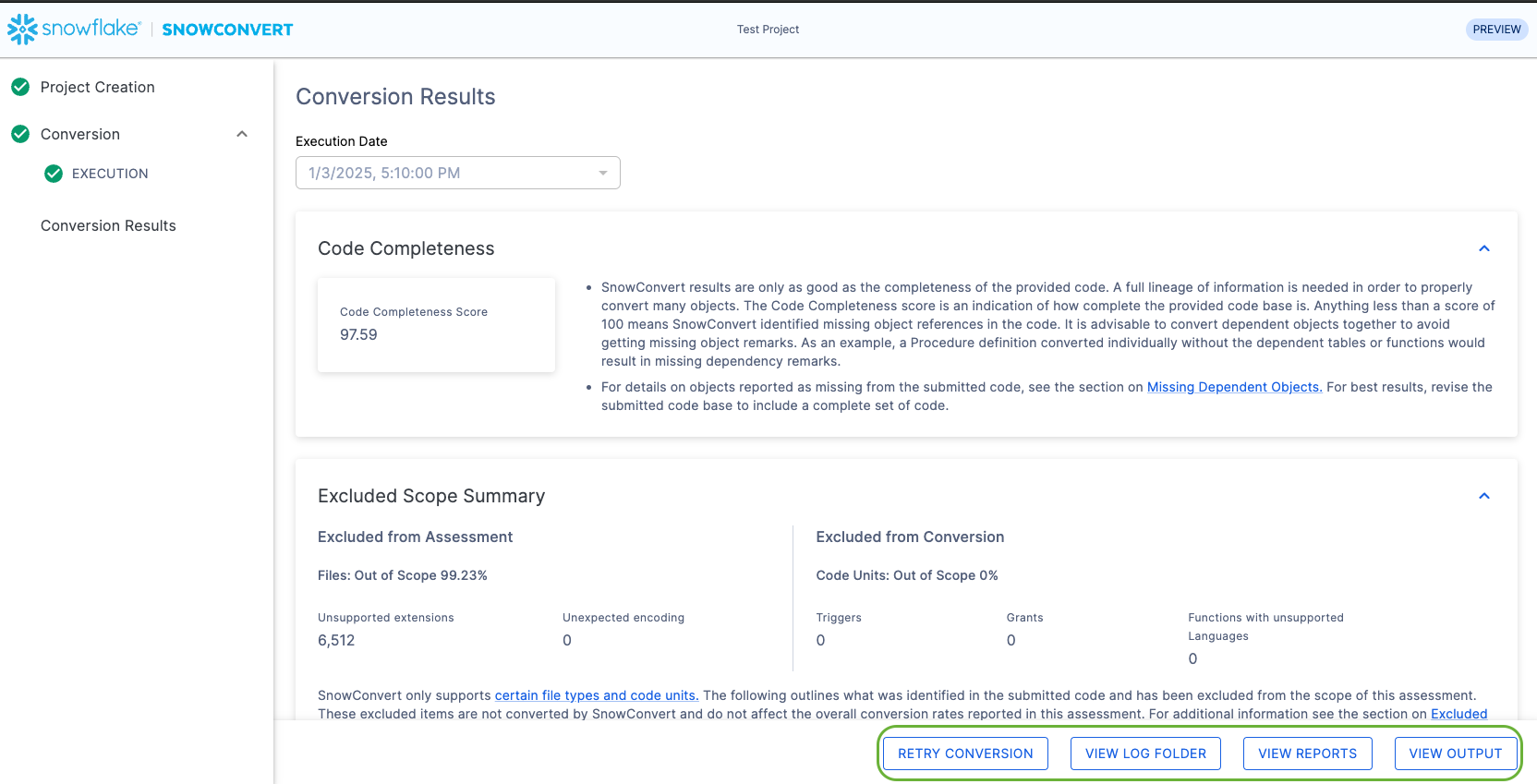 Example of 'Conversion Results' in SnowCovert