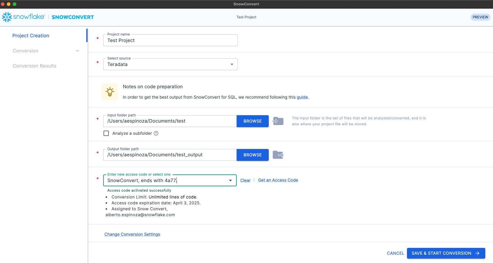 Project Creation page in SnowConvert