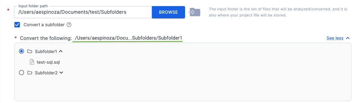Selected path in file explorer of SnowConvert