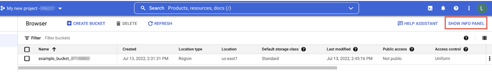 显示 Google Cloud Platform 桶的信息面板