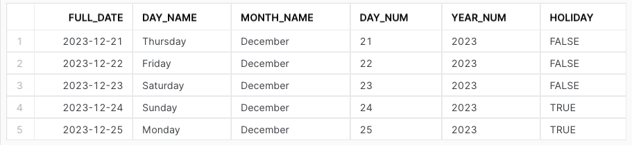 表中的所有行均已选中。此示例有 full_date、day_name、month_name、day_num、year_num 和 holiday 列。