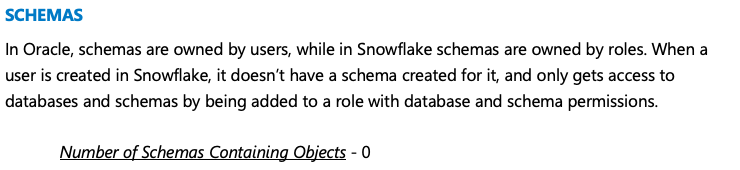 The Schemas section of the assessment report for Oracle.