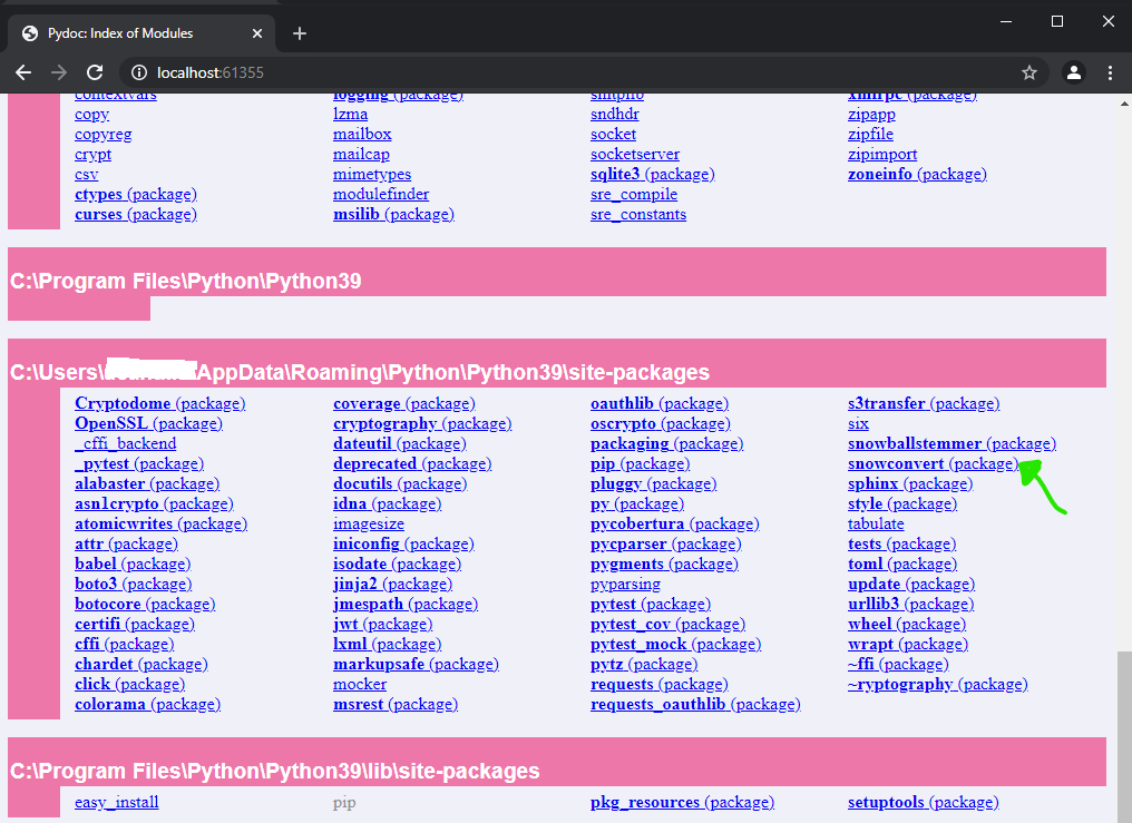 Local installed packages documentation index