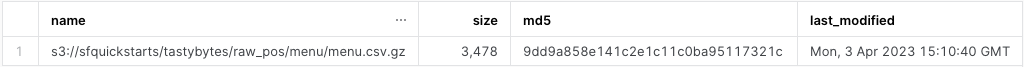 包含以下列的表输出：name、size、md5、last_modified。显示暂存区详细信息的一行。