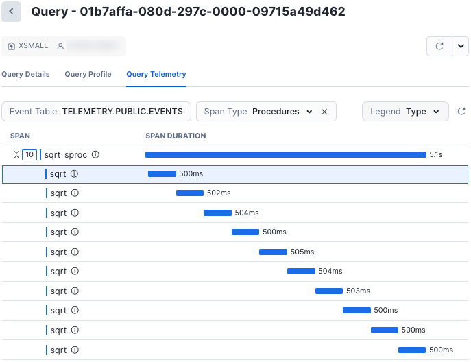 Query History 页面的 Query Telemetry 选项卡的屏幕截图,显示了过程调用的跨度。