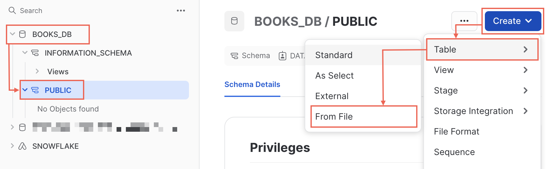 选择 Data > Databases，然后找到要添加文件的架构。选择 Create > Table > From File，将文件中的数据加载到新表中。