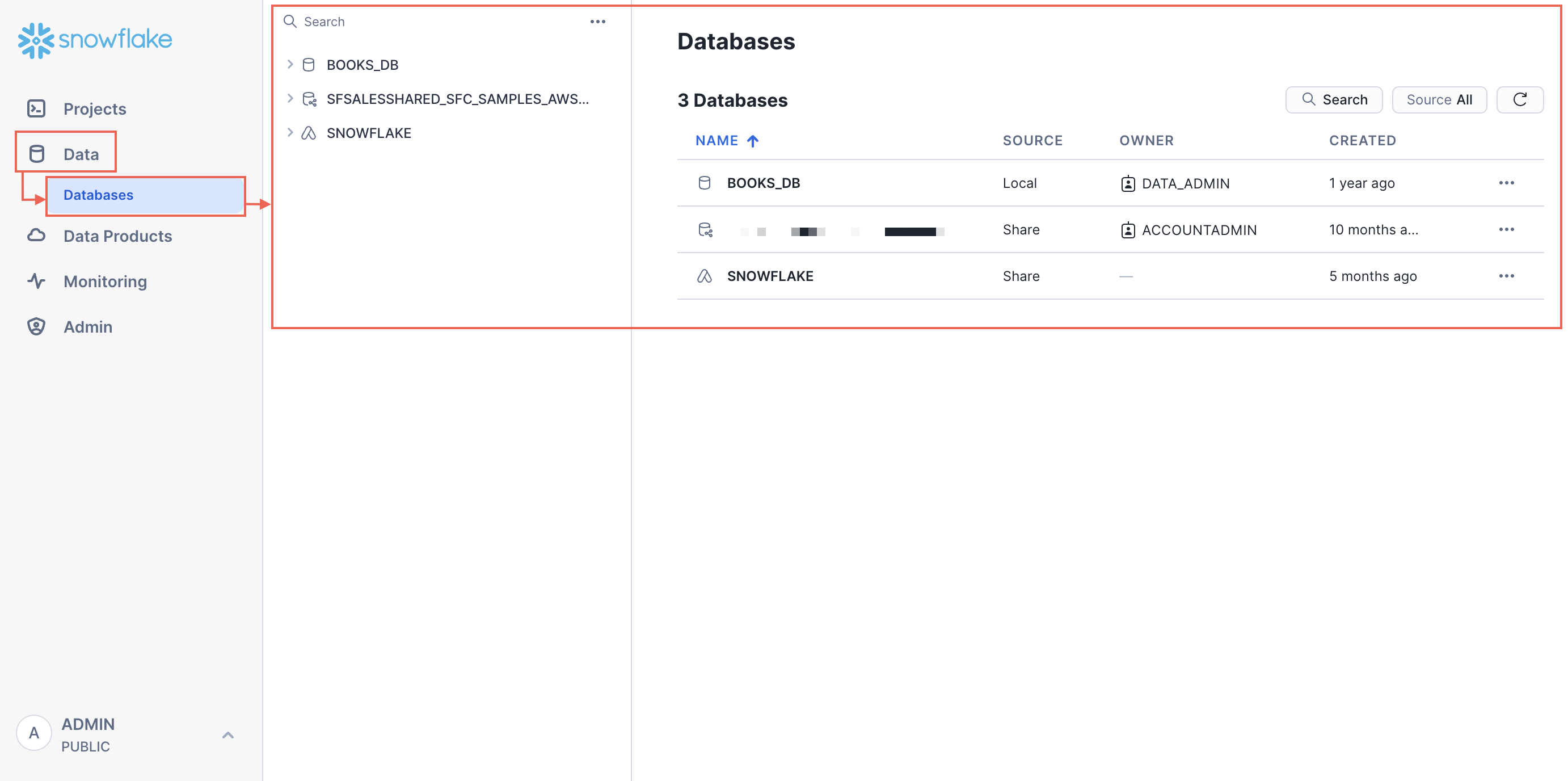 选择 Data，然后选择 Databases，以探索和管理数据库对象。默认情况下，您会看到您的活动角色可以访问的数据库列表。