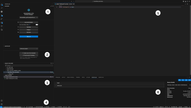 Snowflake VS Code 扩展的概述,显示其主要区域:侧边栏窗格、SQL 窗格和查询结果窗格。