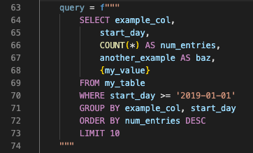 Python 字符串中的 Snowflake SQL 语句代码段，显示自动 SQL 语法突出显示。